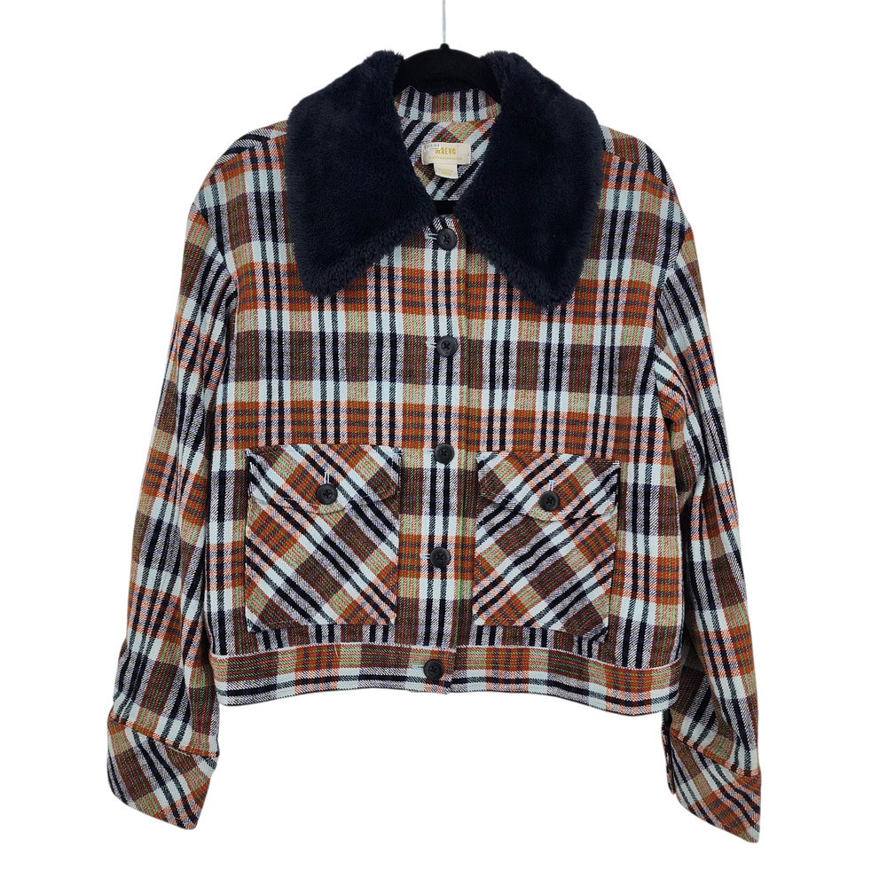 Anthropologie Maeve Retro Plaid Trucker Jacket Faux Fur Collar Size XS